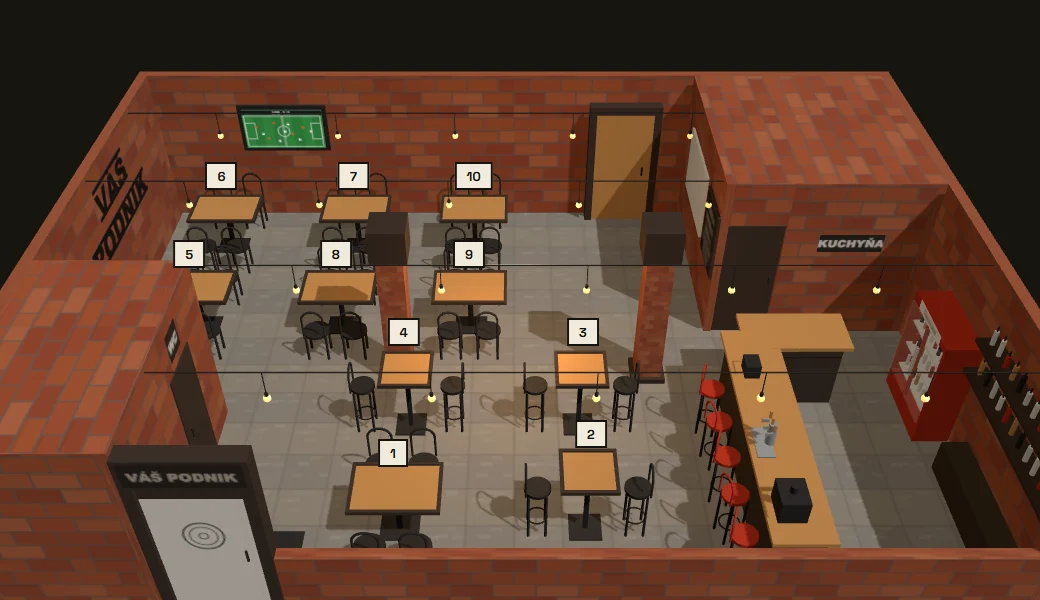 3D pôdorys prevádzky, v ktorom si hosť klikne na konkrétny stôl